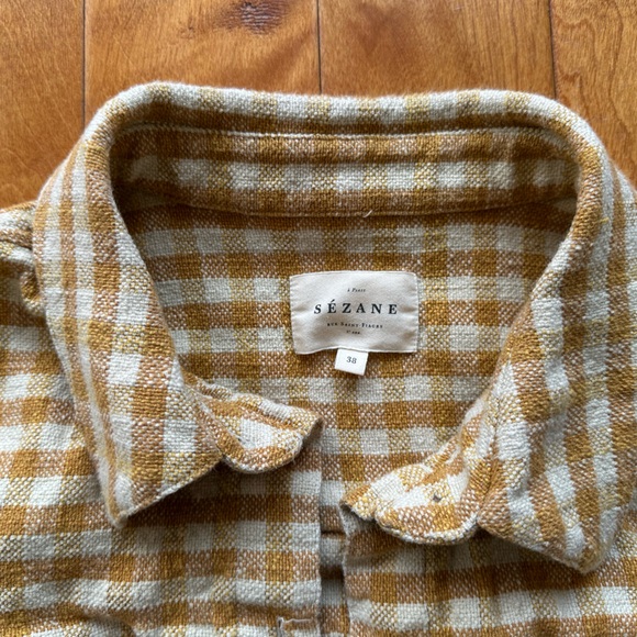 SEZANE EURIELLE Shirt Ochre Ecru Gingham Checks Organic cotton + linen | Size 6 - Picture 5 of 9